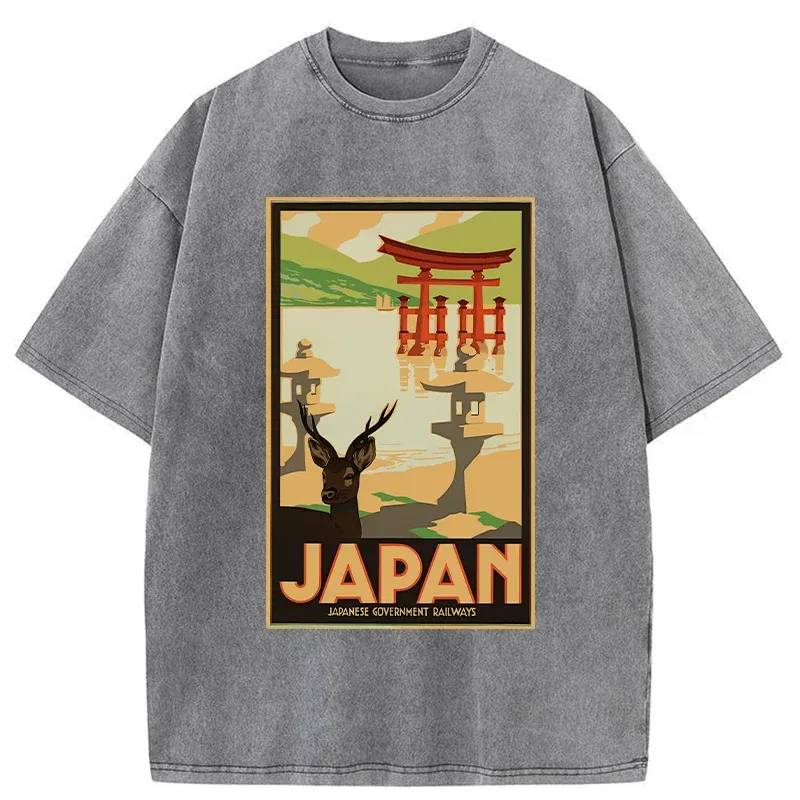 Tokyo-Tiger Japanese Deer And Scenery Washed T-Shirt