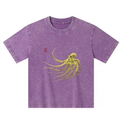 Tokyo-Tiger Retro Octopus Japanese Kids Washed T-Shirt