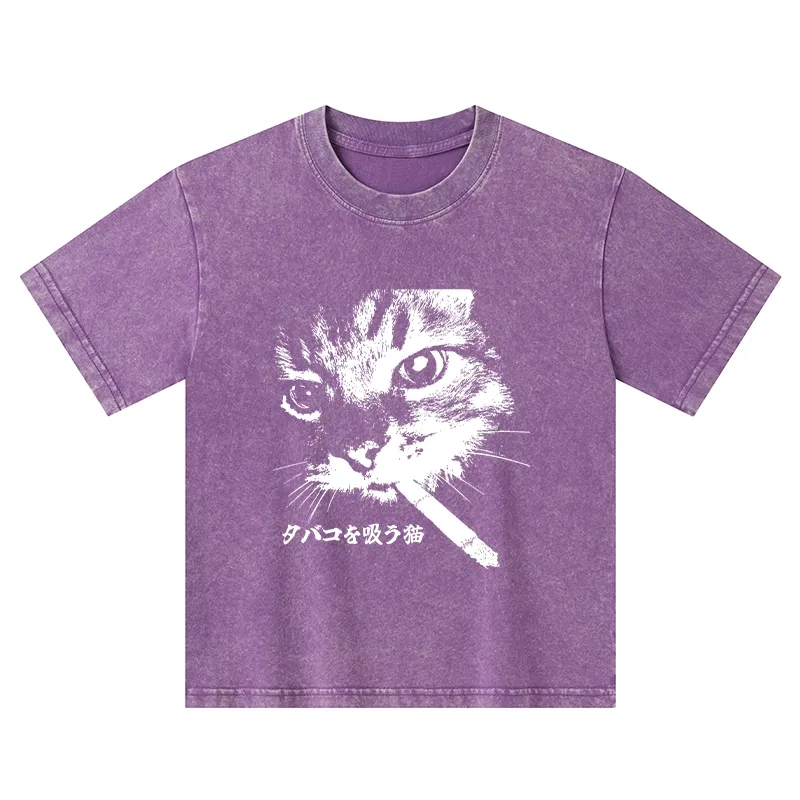 Tokyo-Tiger Retro Cat Smoking Kids Washed T-Shirt