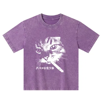 Tokyo-Tiger Retro Cat Smoking Kids Washed T-Shirt