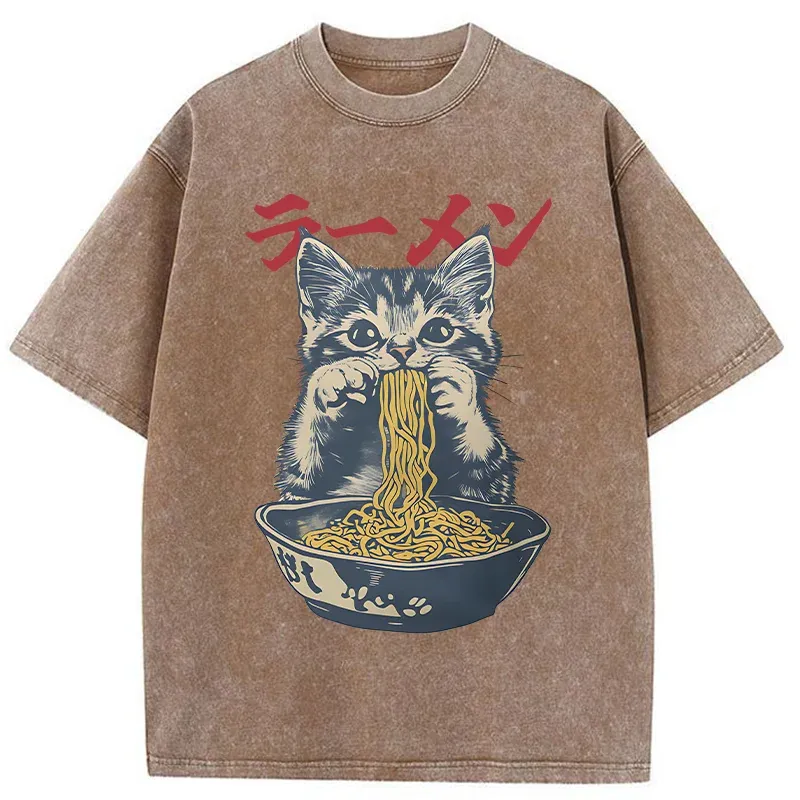 Tokyo-Tiger Cute Cat Is Eating Ramen Washed T-Shirt