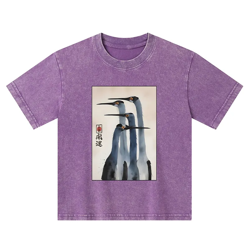 Tokyo-Tiger Retro Sandhill Crane Kids Washed T-Shirt