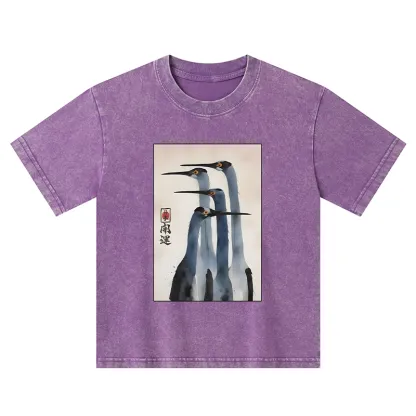 Tokyo-Tiger Retro Sandhill Crane Kids Washed T-Shirt