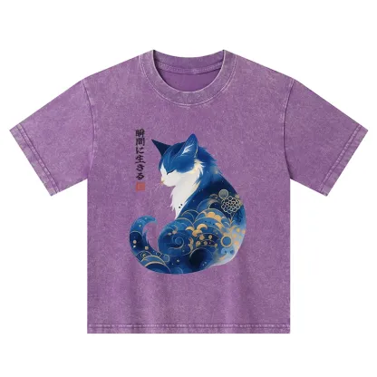 Tokyo-Tiger Retro Zen Cat: Living the Present Kids Washed T-Shirt