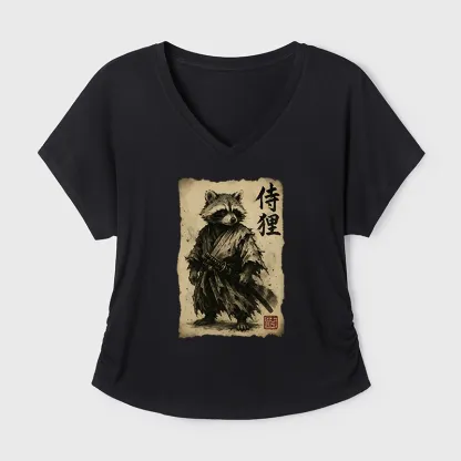 Tokyo-Tiger Retro Raccoon Samurai Modal Dolman Sleeve T-Shirt
