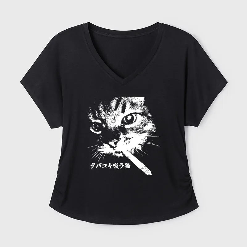 Tokyo-Tiger Retro Cat Smoking Modal Dolman Sleeve T-Shirt Sale