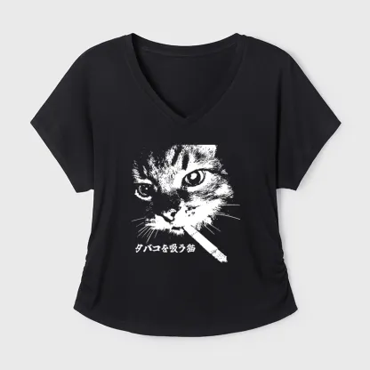 Tokyo-Tiger Retro Cat Smoking Modal Dolman Sleeve T-Shirt