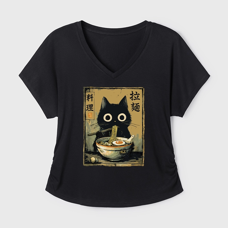 Tokyo-Tiger Cute Black Cat Eating Ramen Japan Modal Dolman Sleeve T-Shirt
