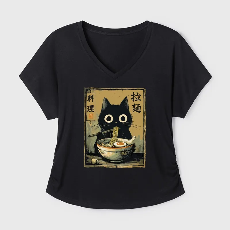 Tokyo-Tiger Cute Black Cat Eating Ramen Japan Modal Dolman Sleeve T-Shirt Sale