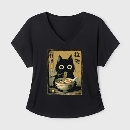 Tokyo-Tiger Cute Black Cat Eating Ramen Japan Modal Dolman Sleeve T-Shirt