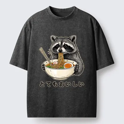 Tokyo-Tiger Raccoon Eating A Big Bowl Of Ramen Washed T-Shirt