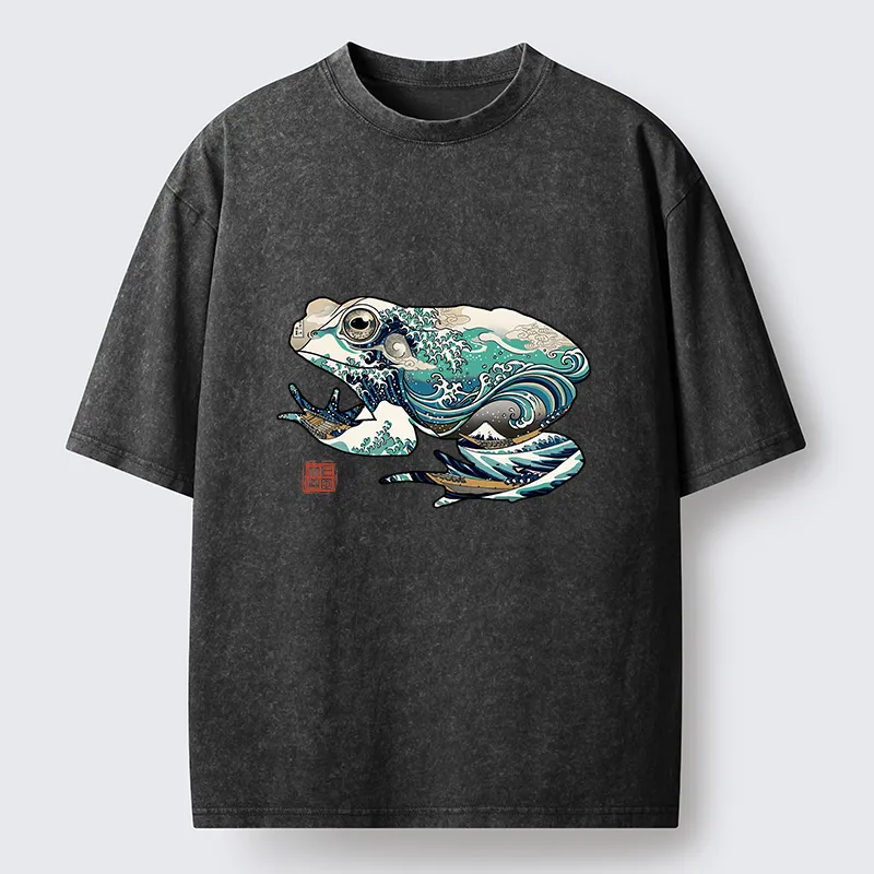 Tokyo-Tiger Frogs And Ukiyo-e Waves Washed T-Shirt