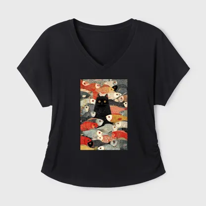 Tokyo-Tiger Cats And Fish Dolman Sleeve T-Shirt