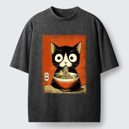 Tokyo-Tiger Ramen Loving Black Cat Washed T-Shirt