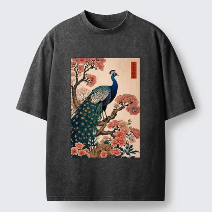 Tokyo-Tiger Vintage Peacock Woodblock Print Washed T-Shirt