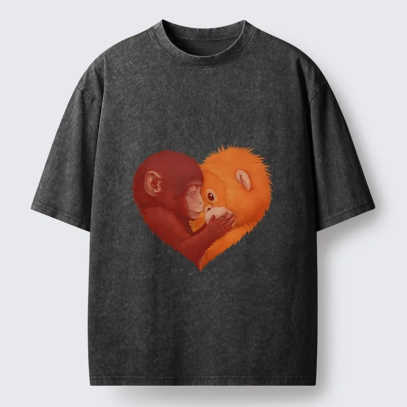 Tokyo-Tiger Monkey Love in a Heart Washed T-Shirt