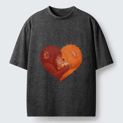 Tokyo-Tiger Monkey Love in a Heart Washed T-Shirt