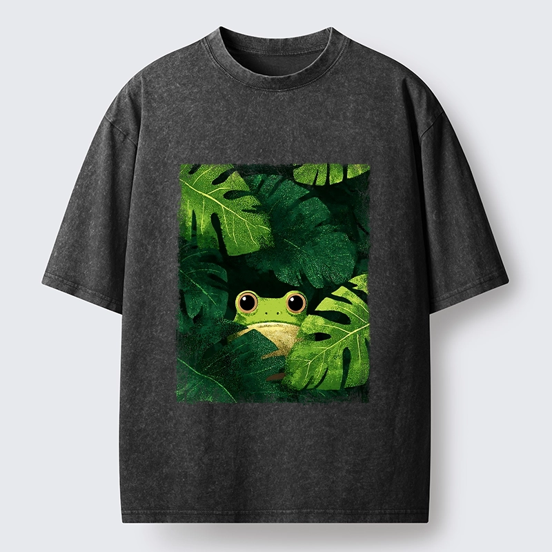 Tokyo-Tiger Frog Hiding in Green Leaves Washed T-Shirt