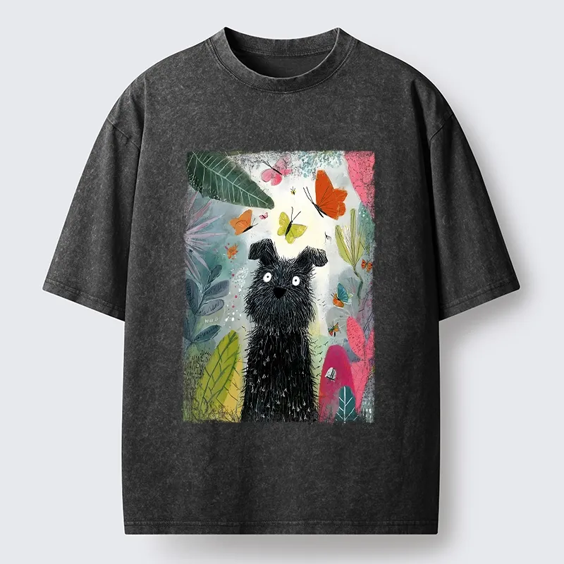 Tokyo-Tiger Black Dog Among Colorful Butterflies Washed T-Shirt