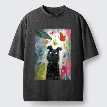 Tokyo-Tiger Black Dog Among Colorful Butterflies Washed T-Shirt