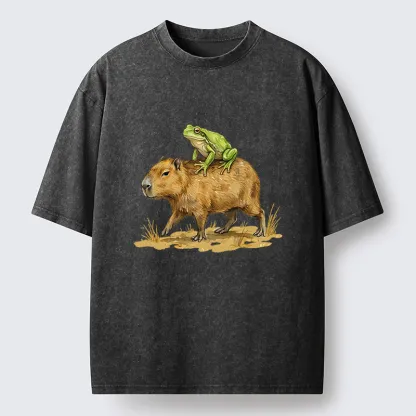 Tokyo-Tiger Frog Riding A Capybara Washed T-Shirt