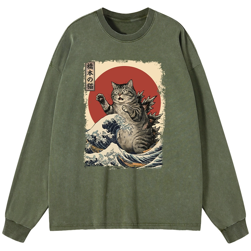 Tokyo-Tiger Catzilla Is Causing Destruction Washed Long Sleeve T-Shirt