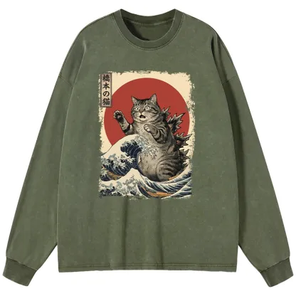 Tokyo-Tiger Catzilla Is Causing Destruction Washed Long Sleeve T-Shirt