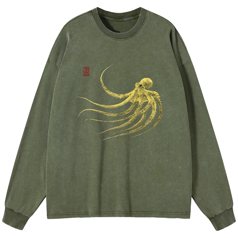 Tokyo-Tiger Retro Octopus Japanese Washed Long Sleeve T-Shirt