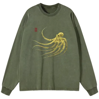 Tokyo-Tiger Retro Octopus Japanese Washed Long Sleeve T-Shirt