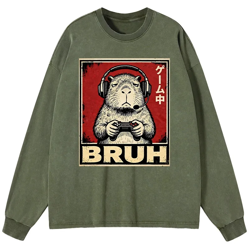 Tokyo-Tiger Funny Capybara Playing Games Washed Long Sleeve T-Shirt