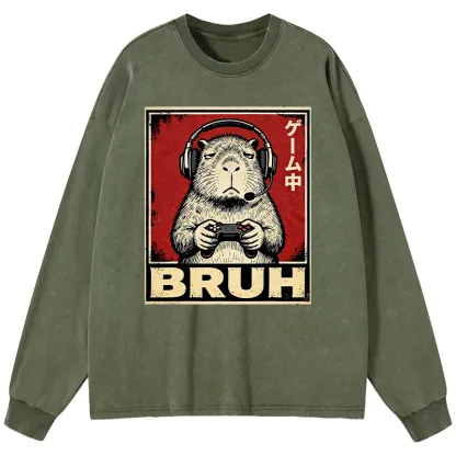 Tokyo-Tiger Funny Capybara Playing Games Washed Long Sleeve T-Shirt