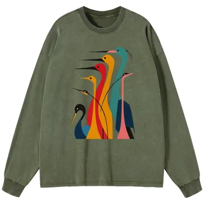 Tokyo-Tiger Various Types Of Cranes Washed Long Sleeve T-Shirt