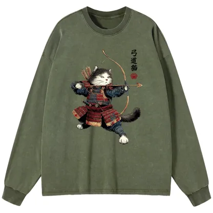 Tokyo-Tiger Kyudo Samurai Cat Washed Long Sleeve T-Shirt
