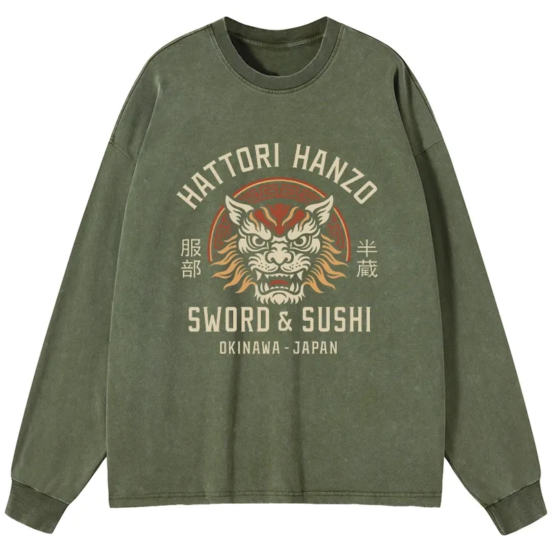 Tokyo-Tiger Hattori Lion Japanese Samurai Washed Long Sleeve T-Shirt