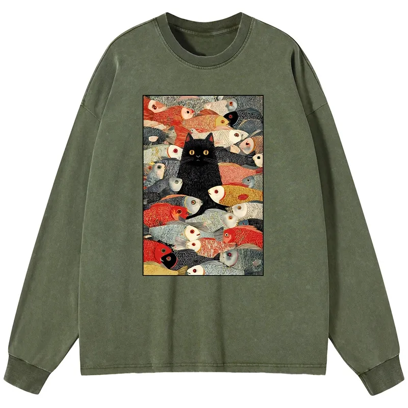 Tokyo-Tiger Cats And Fish Washed Long Sleeve T-Shirt