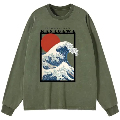 Tokyo-Tiger Minimalist Ukiyo-e Waves Washed Long Sleeve T-Shirt