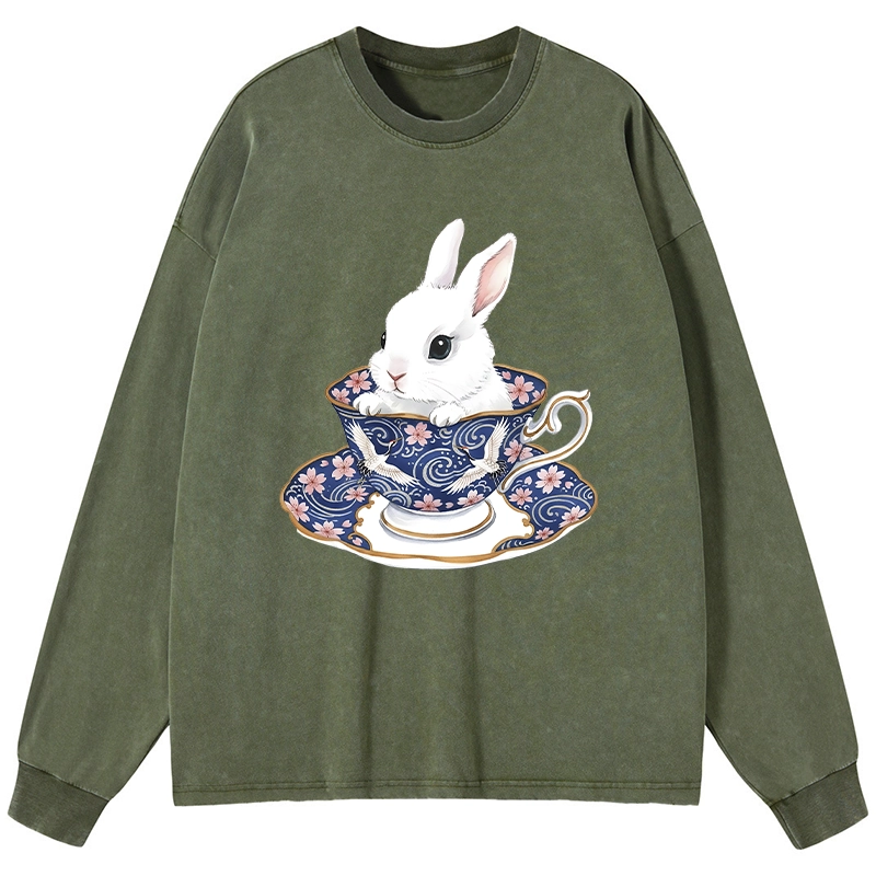 Tokyo-Tiger Cute Rabbit Tea Set Washed Long Sleeve T-Shirt