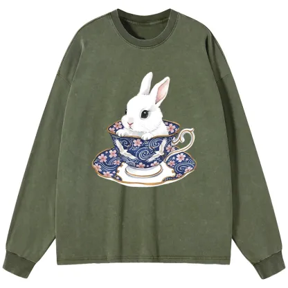 Tokyo-Tiger Cute Rabbit Tea Set Washed Long Sleeve T-Shirt
