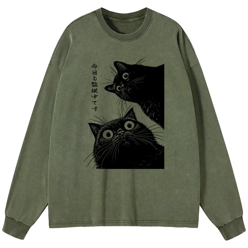 Tokyo-Tiger The Cat Is Watching Today Washed Long Sleeve T-Shirt