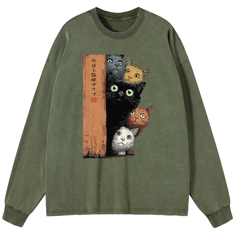 Tokyo-Tiger Five Cats Are Watching You Washed Long Sleeve T-Shirt