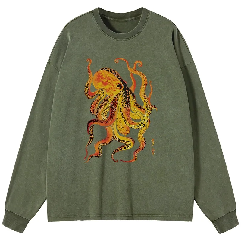 Tokyo-Tiger Deep Sea Gorgeous Octopus Washed Long Sleeve T-Shirt