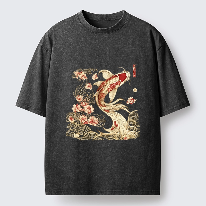 Tokyo-Tiger Golden Koi and Blossoms Washed T-Shirt