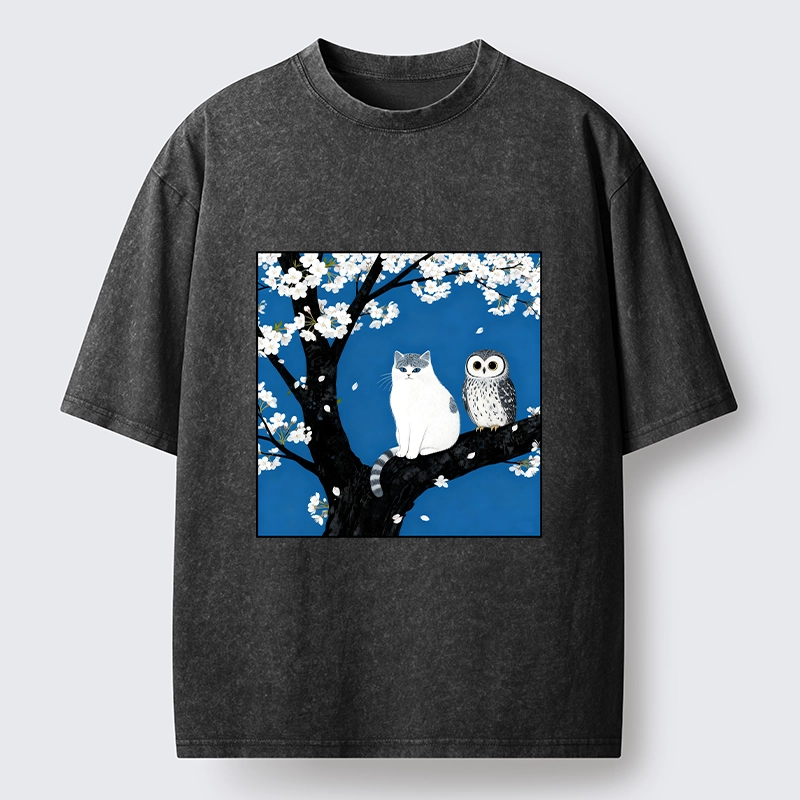 Tokyo-Tiger Cat and Owl Under Sakura Washed T-Shirt