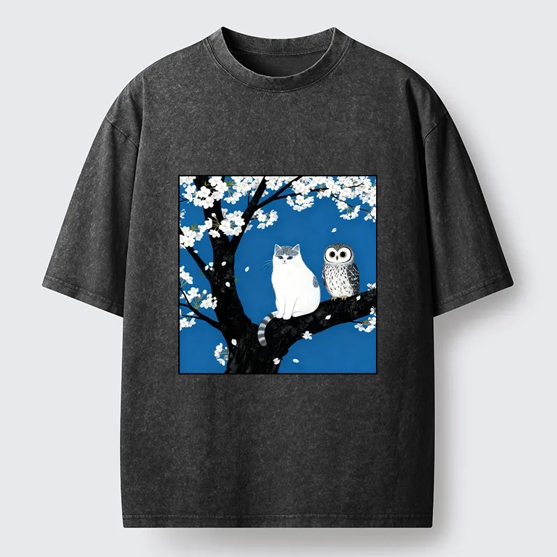 Tokyo-Tiger Cat and Owl Under Sakura Washed T-Shirt
