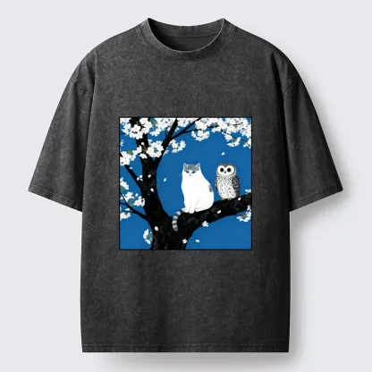 Tokyo-Tiger Cat and Owl Under Sakura Washed T-Shirt