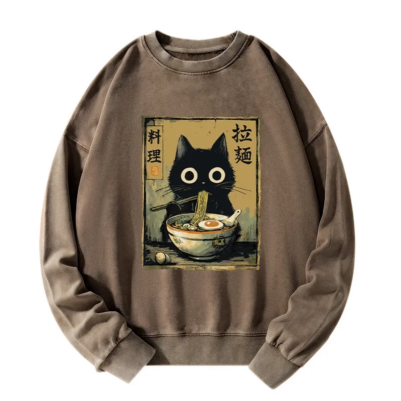 Tokyo-Tiger Cute Black Cat Eating Ramen Japan Washed Sweatshirt