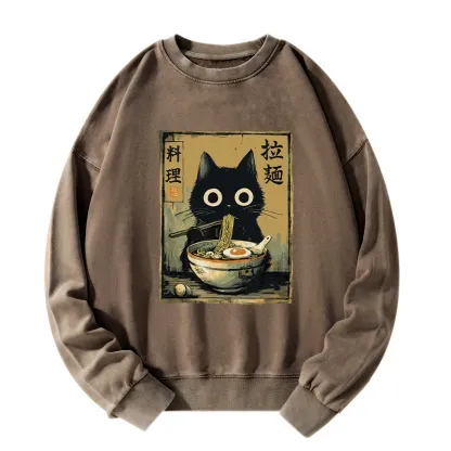 Tokyo-Tiger Cute Black Cat Eating Ramen Japan Washed Sweatshirt