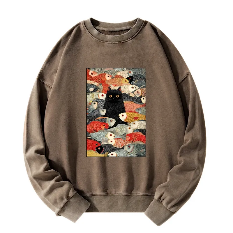 Tokyo-Tiger Cats And Fish Washed Sweatshirt