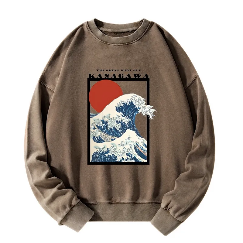 Tokyo-Tiger Minimalist Ukiyo-e Waves Washed Sweatshirt
