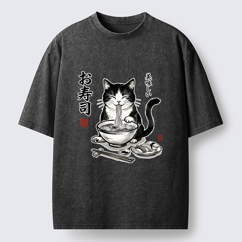 Tokyo-Tiger Cats Eat Japanese Food Washed T-Shirt